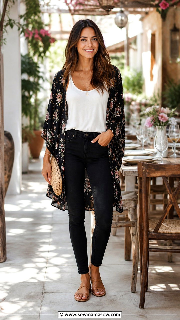 Floral Kimono Over a Tank and Black Jeans - 40 casual black jeans outfits