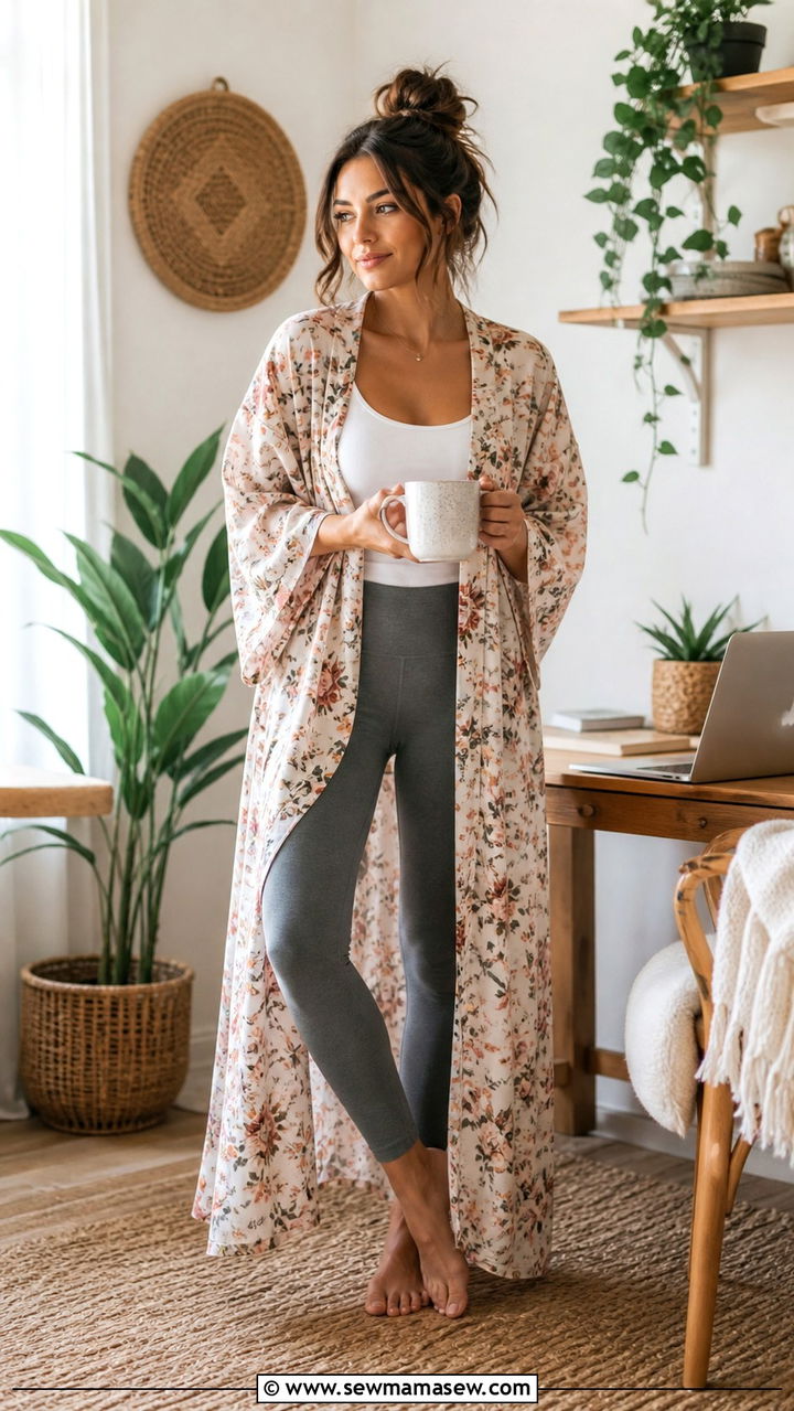 Floral Kimono Robe With Tank And Leggings Outfit - 40 Work from home outfits