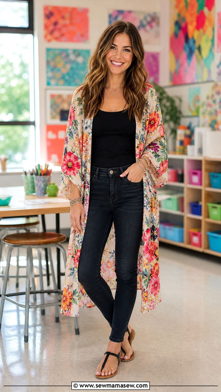 Floral Kimono With Tank And Dark Jeans - 40 teacher outfits ideas