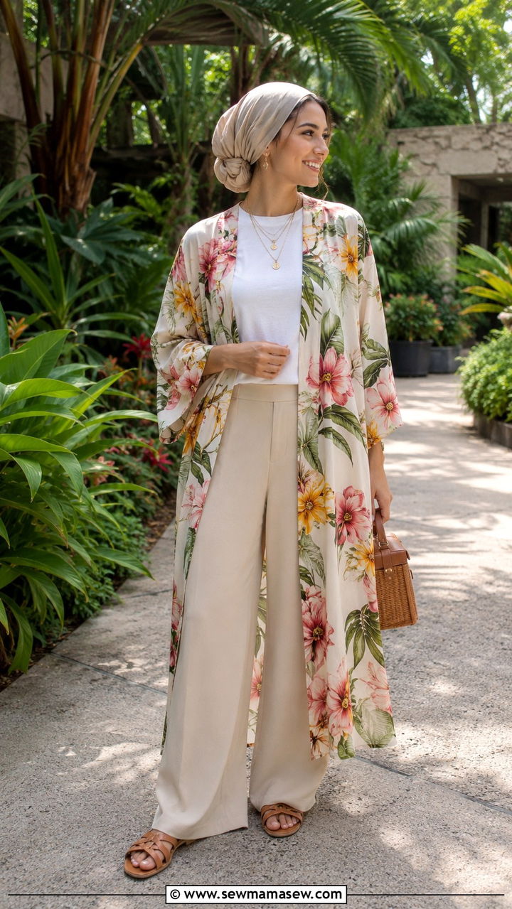 Floral Kimono With Wide Leg Trousers Outfit - 25 Vacation outfit ideas modest women