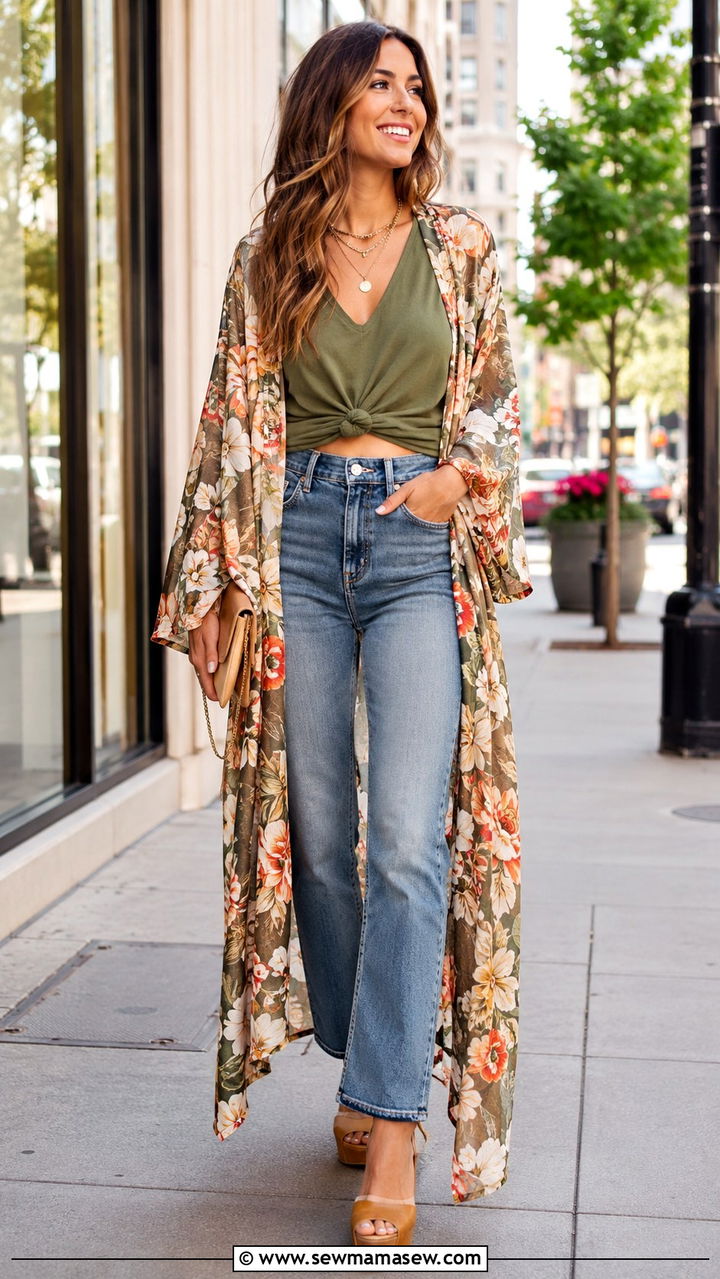 Floral Kimono and High Waisted Jeans Outfit - 25 Boho outfit ideas with kimono