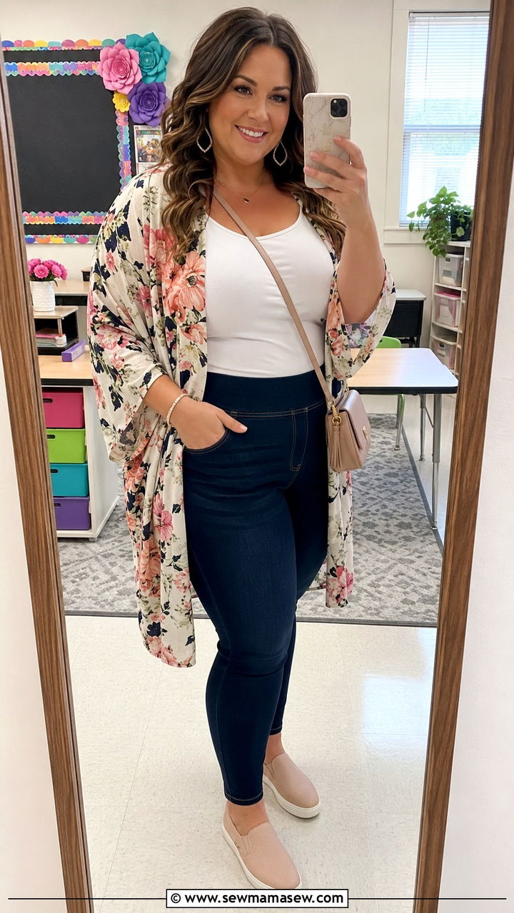 Floral Kimono and Jeggings Teacher Outfit - 30 Teacher outfits plus size