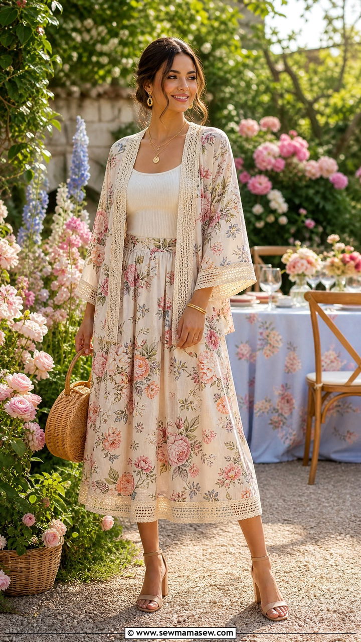 Floral Kimono and Midi Skirt Set - 25 Kimono matching set outfit ideas