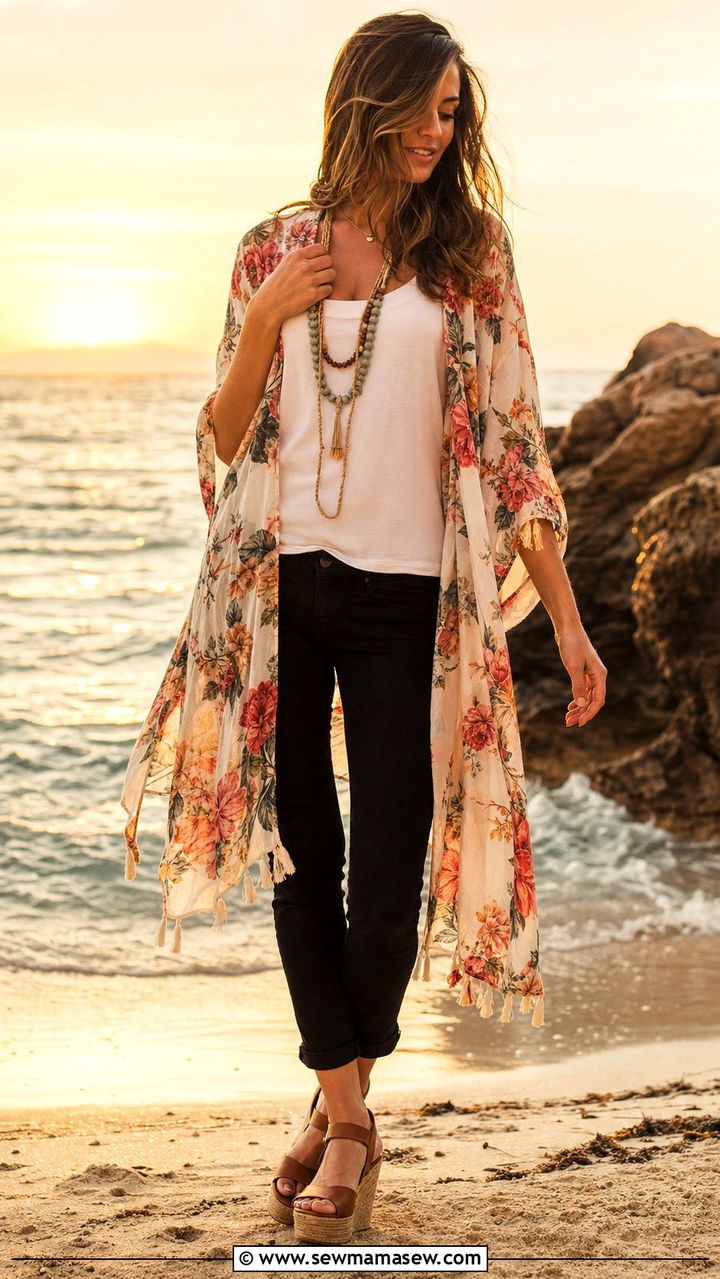 Floral Kimono with Black Jeans and Wedge Sandals - 25 Summer outfits with black jeans