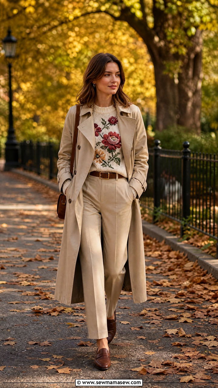 Floral Knit Sweater With Beige Trench Coat And Brown Loafers - 30 French girl outfit ideas with loafers