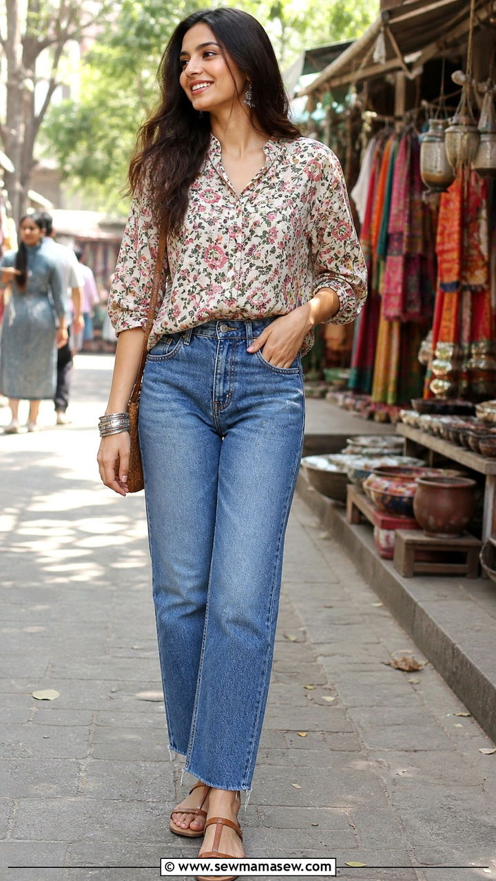 Floral Kurta With Jeans And Sandals Indian Western Outfit - 40 summer western outfits