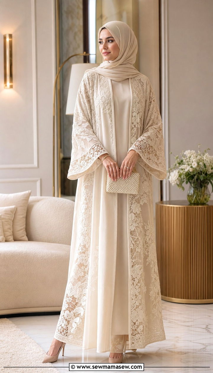 Floral Lace Abaya Set - 25 Eid outfit ideas Arabic