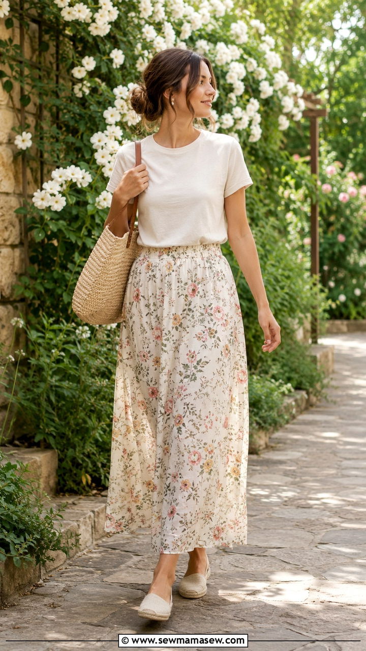 Floral Long Skirt With Solid Top - 30 Modest outfit ideas with long skirt