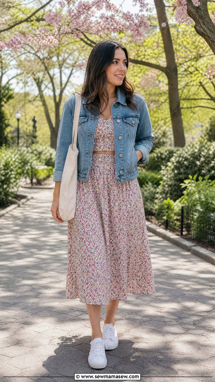 Floral Matching Set with Denim Jacket - 25 Matching set outfit ideas floral