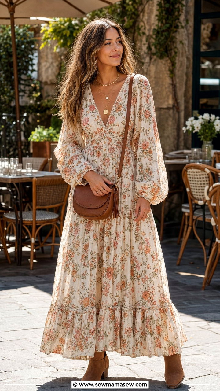 Floral Maxi Dress And Ankle Boots - 35 boho outfit ideas for women