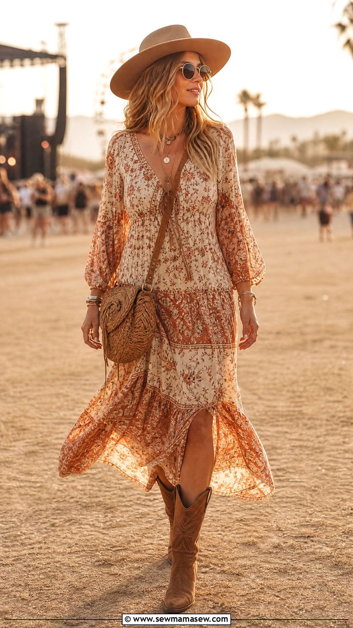 Floral Maxi Dress And Cowboy Boots - 30 summer music festival outfit ideas