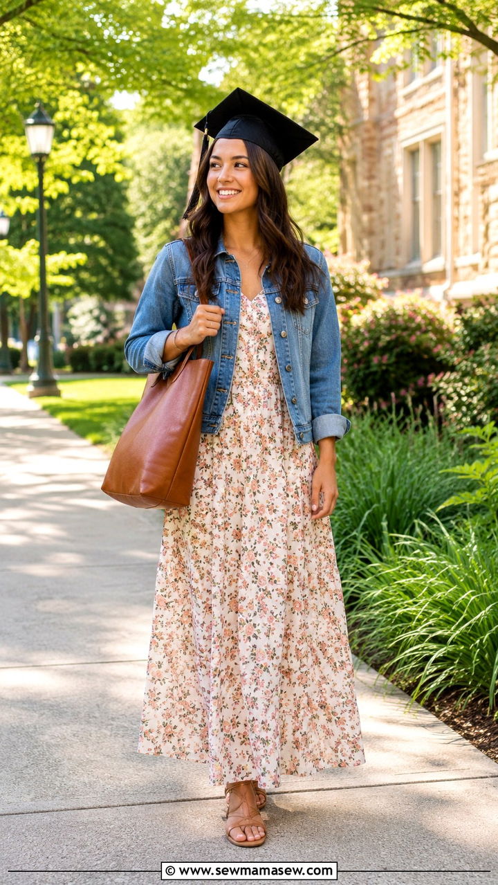 Floral Maxi Dress And Denim Jacket - 30 casual graduation outfits