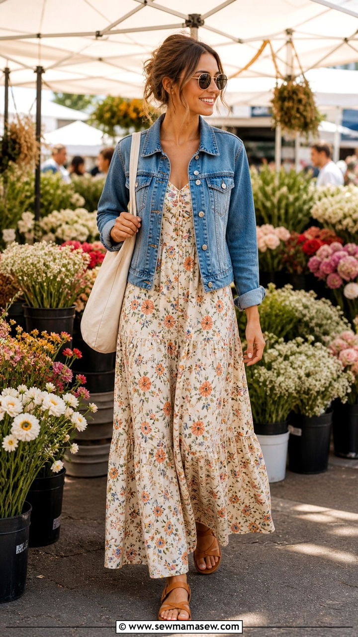 Floral Maxi Dress And Denim Jacket Farmers Market Outfit - 40 Spring farmers market outfits