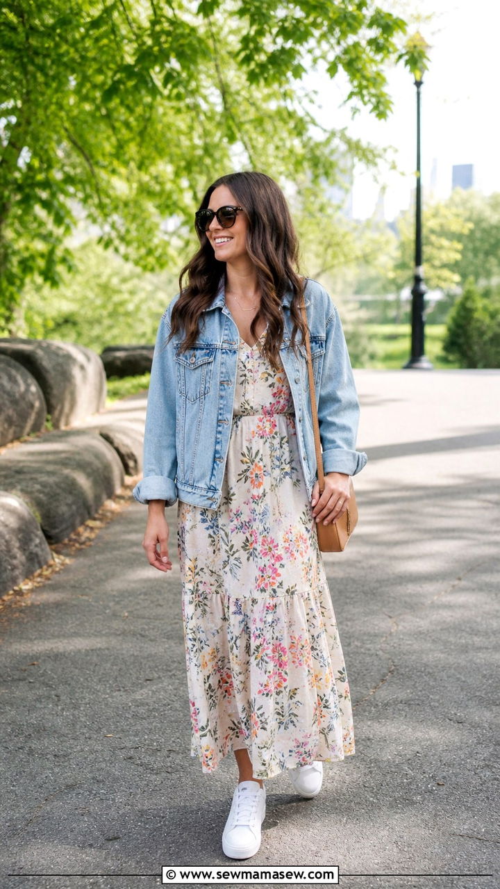 Floral Maxi Dress Outfit With Denim Jacket And White Sneakers - 40 maxi dress outfit ideas