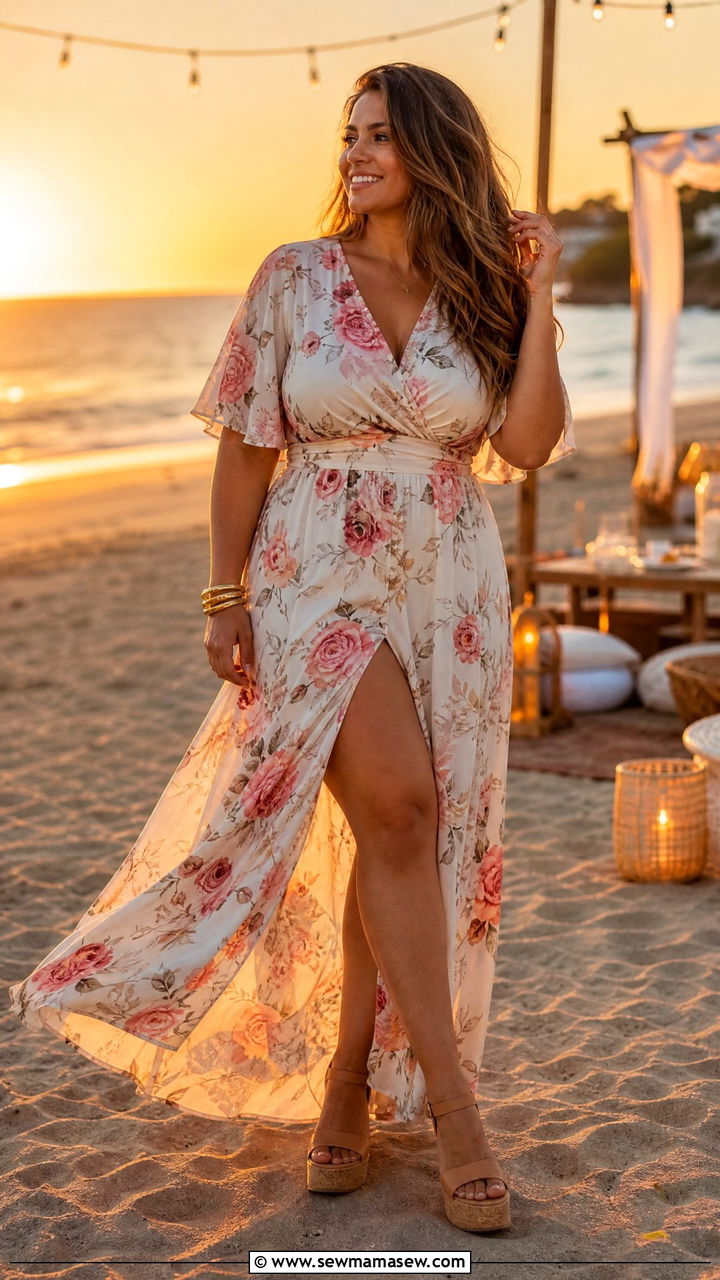 Floral Maxi Dress Outfit with a Thigh High Slit and Wedges - 25 Flattering outfits for big thighs