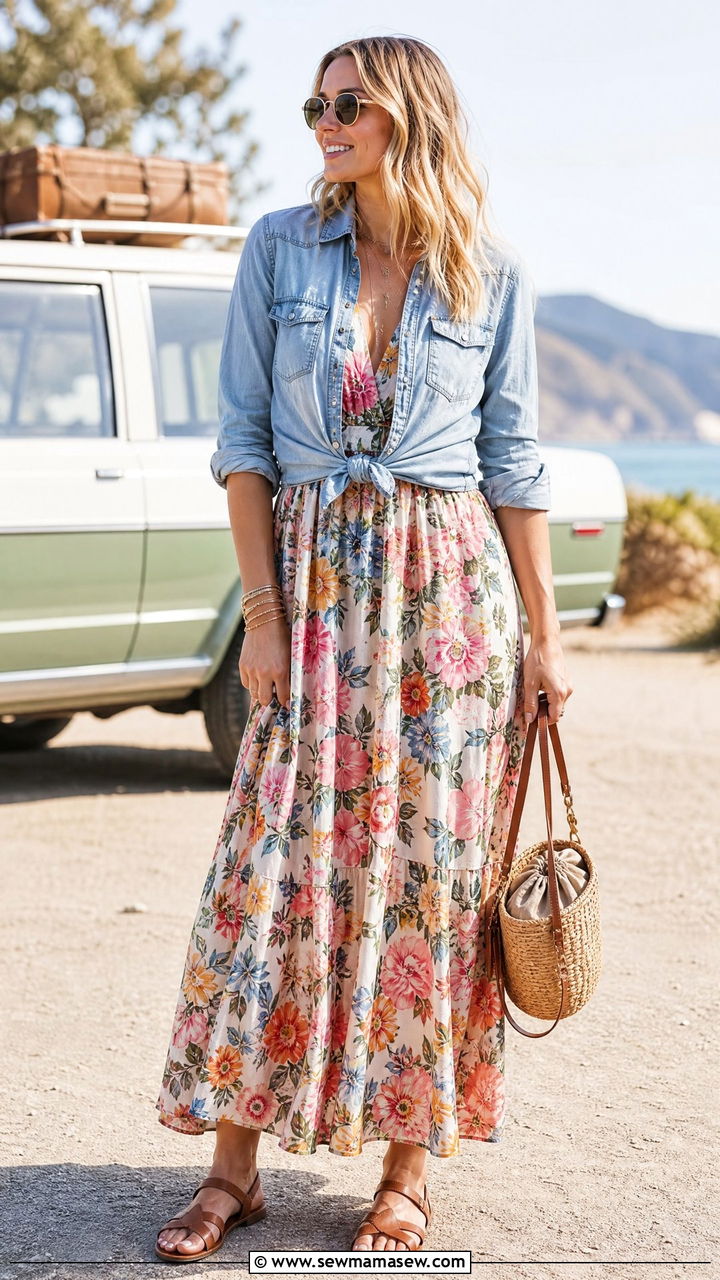 Floral Maxi Dress With A Denim Shirt Layered Over - 30 summer floral dress outfit ideas