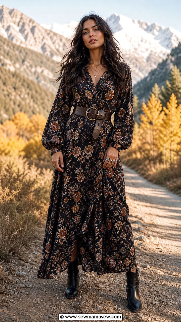 Floral Maxi Dress With Ankle Boots - 40 boho chic outfits