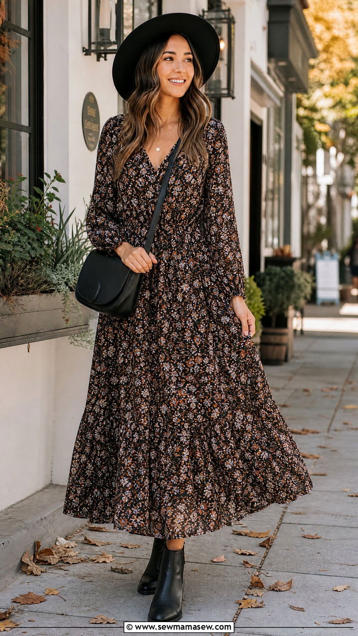Floral Maxi Dress With Ankle Boots - 30 Maxi dress outfit ideas with boots