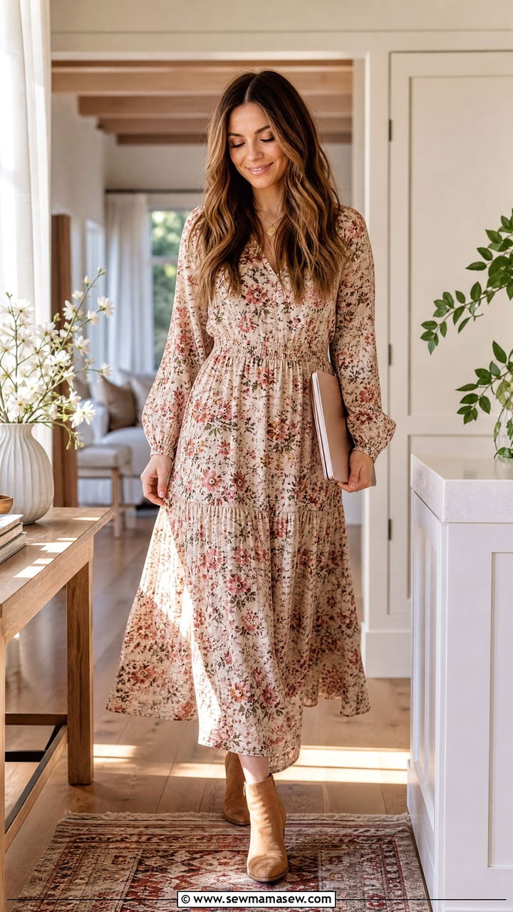 Floral Maxi Dress With Ankle Boots Outfit - 40 Work from home outfits