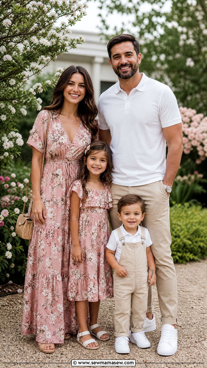 Floral Maxi Dress With Beige Chinos Family Outfit - 30 Matching spring family outfits