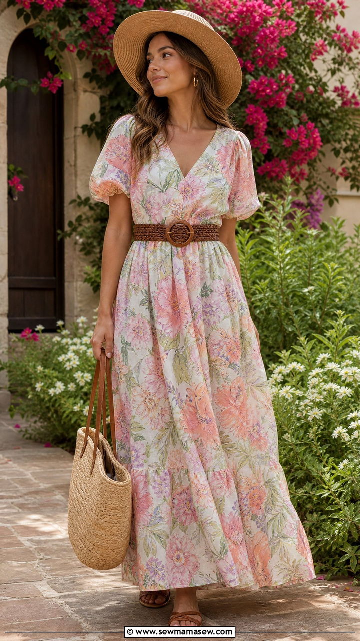Floral Maxi Dress With Braided Belt And Flat Sandals - 30 Maxi dress with a belt outfit ideas