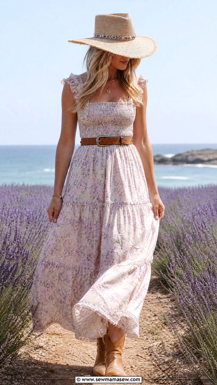 Floral Maxi Dress With Brown Leather Belt - 25 classy coastal cowgirl outfits