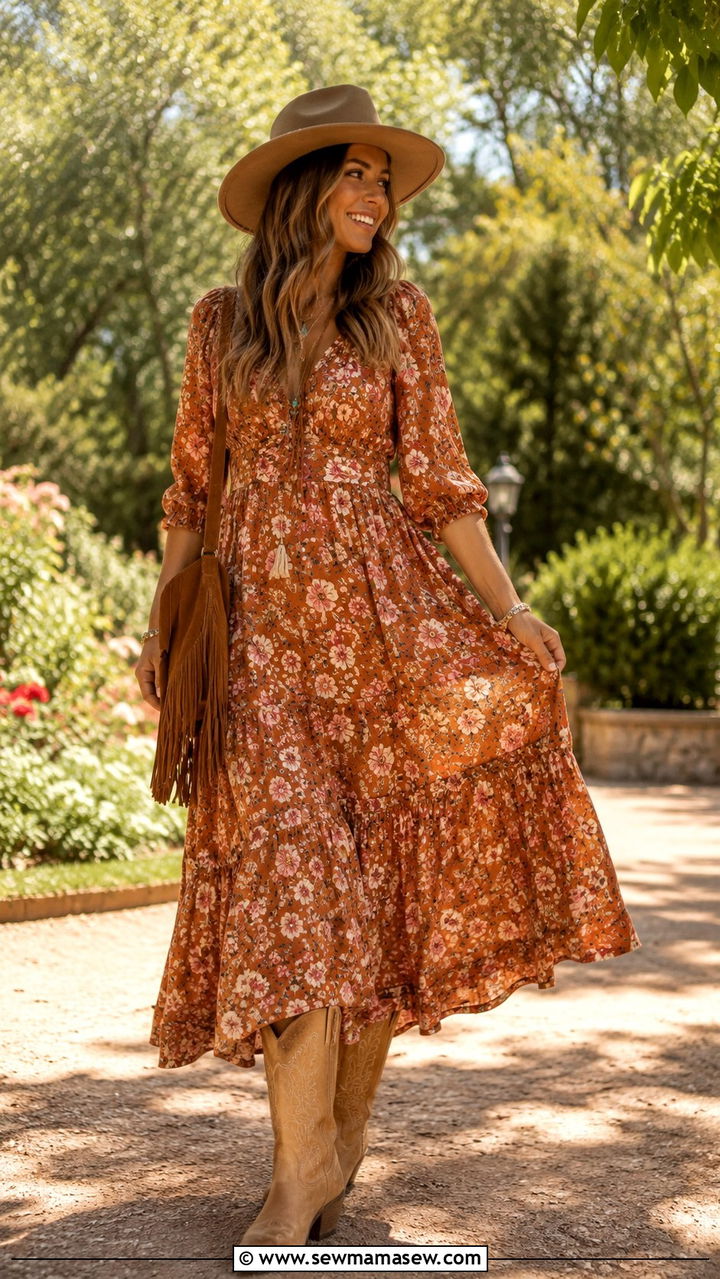 Floral Maxi Dress With Cowboy Boots - 30 Nashville outfit ideas for women