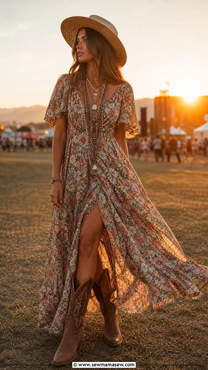 Floral Maxi Dress With Cowboy Boots And Straw Hat - 30 Country music festival outfit ideas 2026