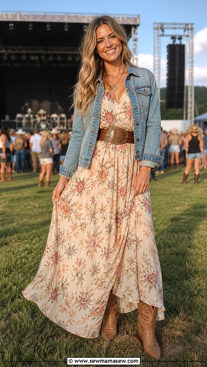 Floral Maxi Dress With Cowboy Boots - 40 Spring concert outfits