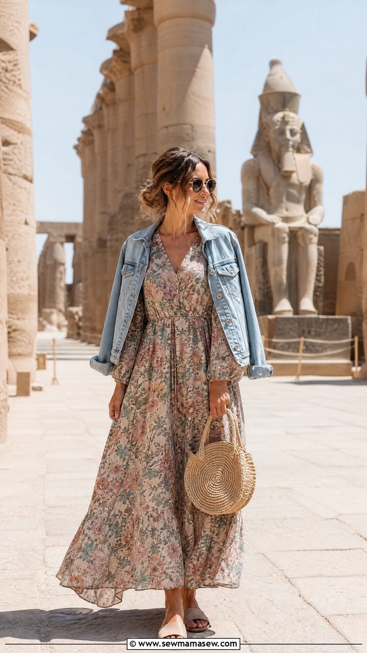 Floral Maxi Dress With Denim Jacket - 35 Luxor outfit ideas