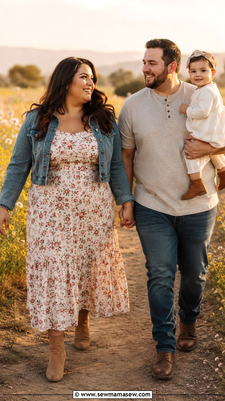 Floral Maxi Dress With Denim Jacket - 30 Plus size outfit ideas for family photos