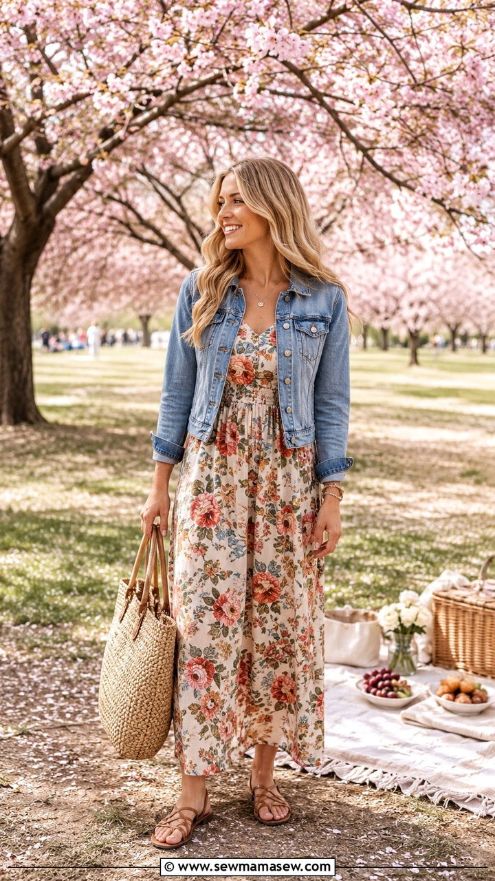 Floral Maxi Dress With Denim Jacket - 30 Late April outfit ideas