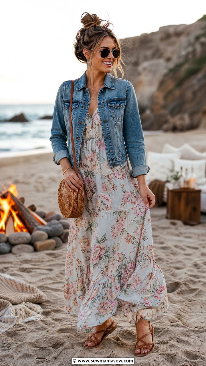 Floral Maxi Dress With Denim Jacket - 30 Maxi dress for beach outfit ideas