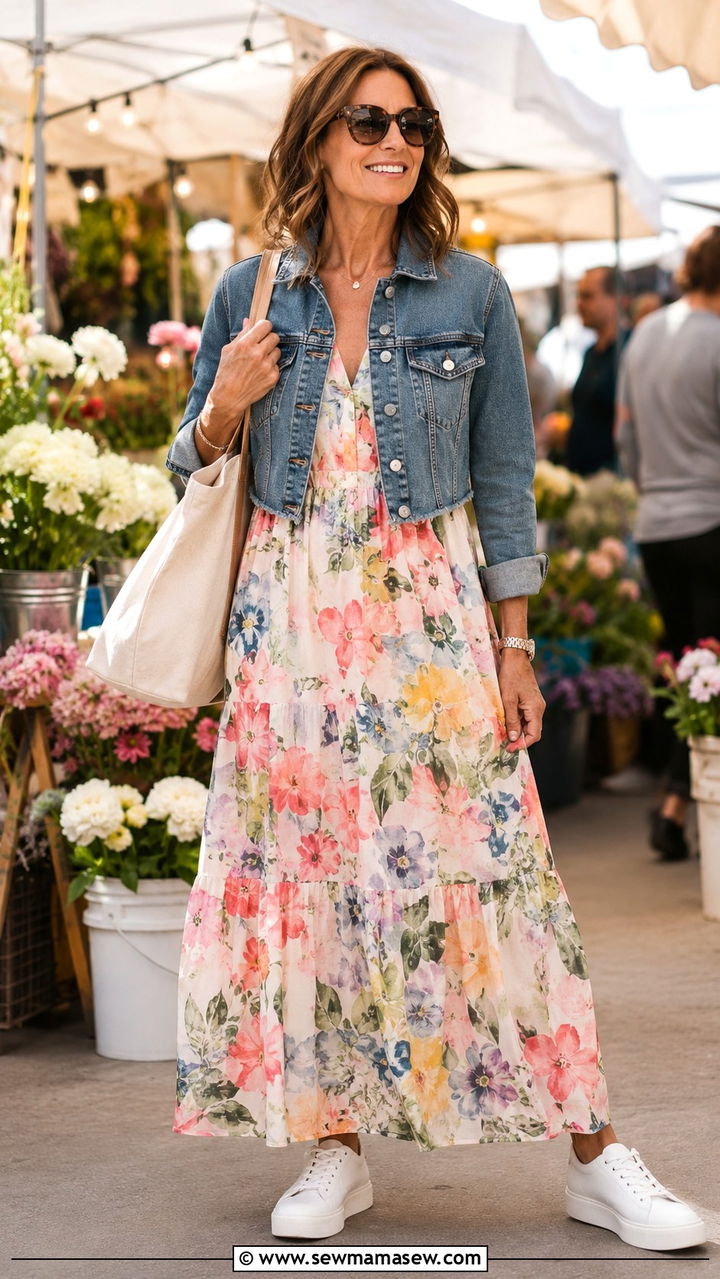 Floral Maxi Dress With Denim Jacket - 30 maxi dress outfits for women over 40