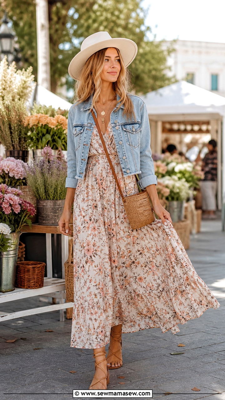 Floral Maxi Dress With Denim Jacket - 40 Boho spring outfits