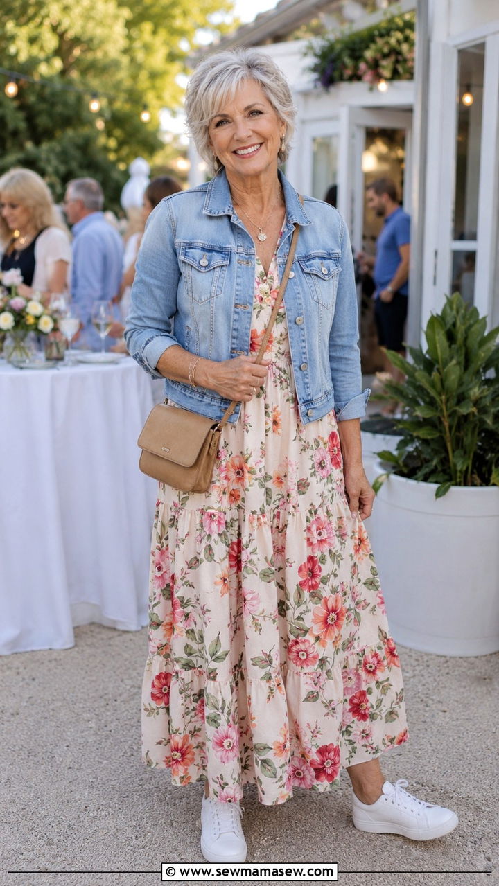 Floral Maxi Dress With Denim Jacket - 30 Party outfits for women over 60