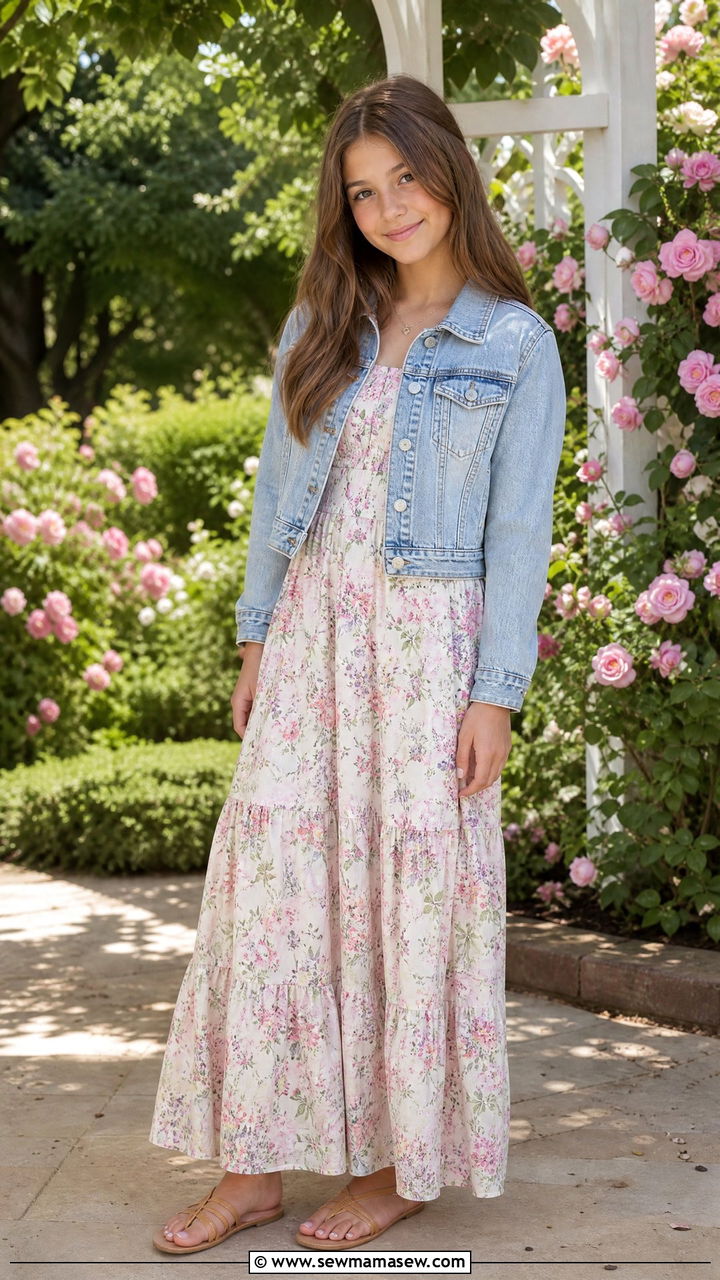 Floral Maxi Dress With Denim Jacket - 30 Cute outfits for 13 year olds