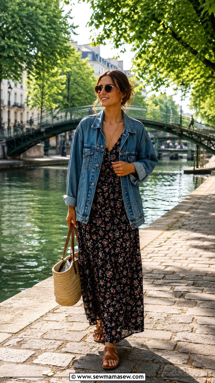 Floral Maxi Dress With Denim Jacket And Basket Bag - 30 Paris outfits to copy