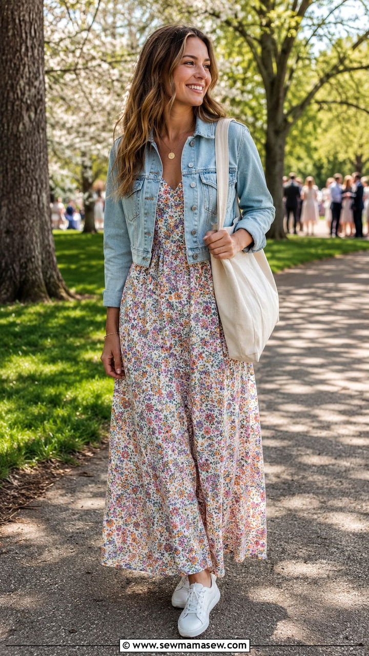 Floral Maxi Dress With Denim Jacket And White Sneakers - 30 chic spring wedding guest outfits for women