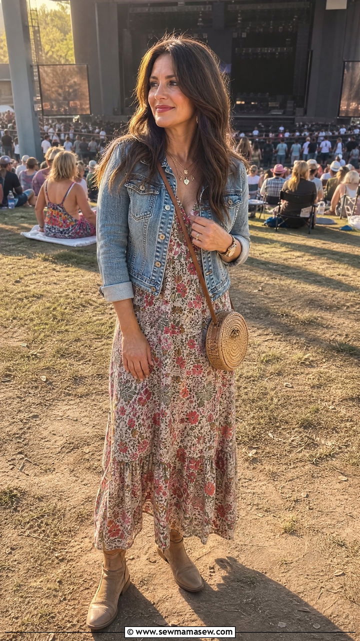 Floral Maxi Dress With Denim Jacket Concert Outfit - 30 Concert outfits for women over 40
