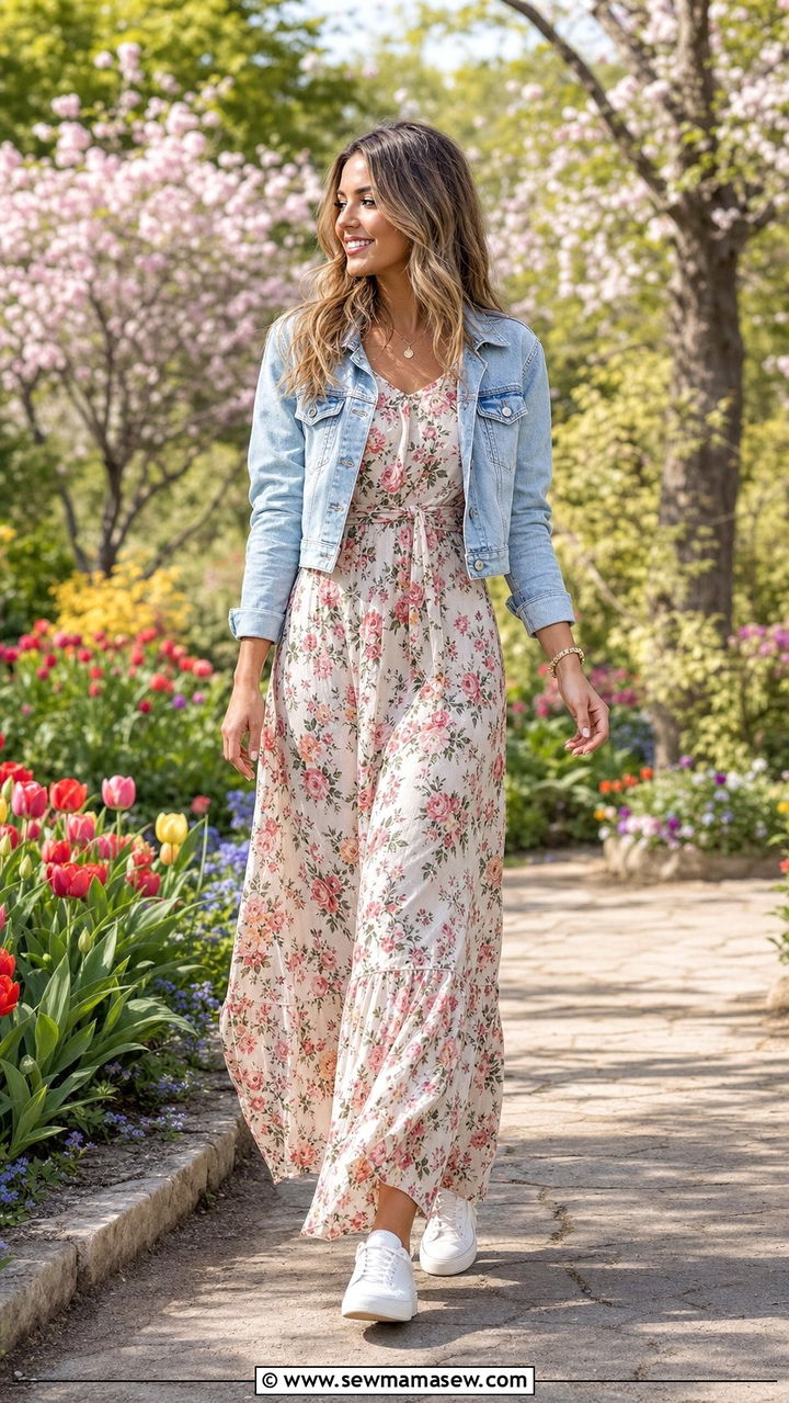 Floral Maxi Dress With Denim Jacket Outfit - 25 Cute outfits for skinny women
