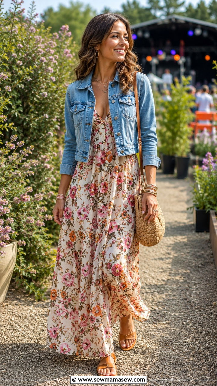 Floral Maxi Dress With Denim Jacket Outfit - 30 chic concert outfits for women