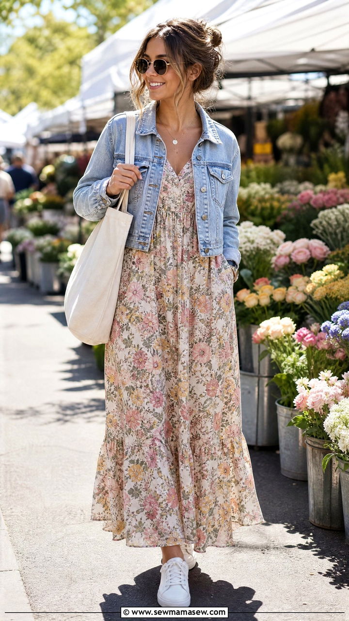 Floral Maxi Dress With Denim Jacket Outfit - 35 maxi dress outfits ideas