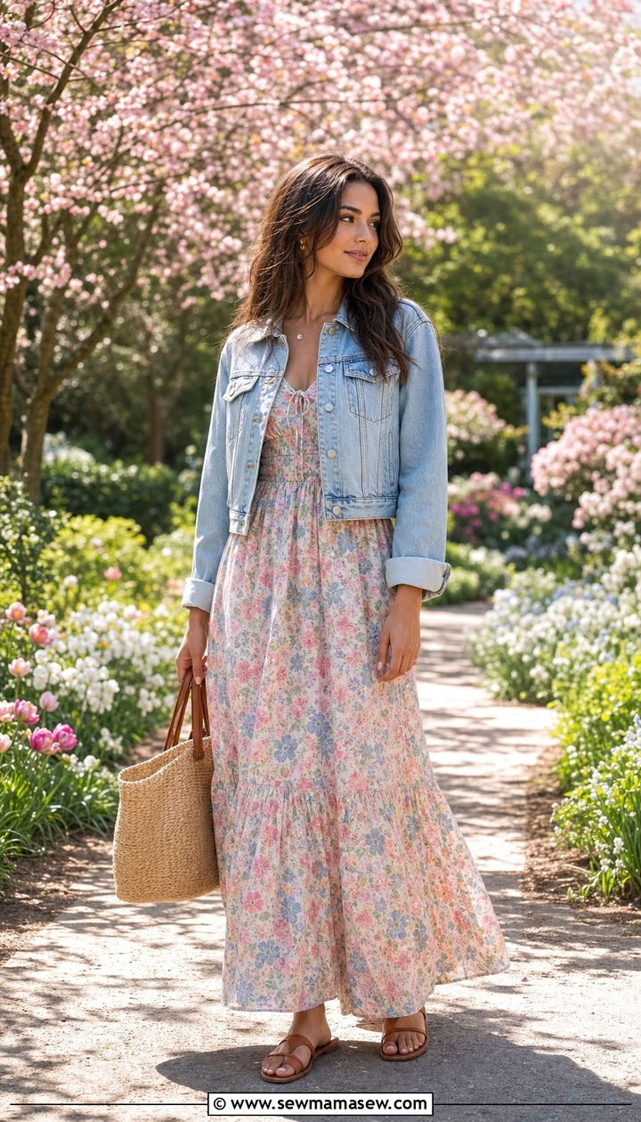 Floral Maxi Dress With Denim Jacket and Flat Sandals - 25 spring easy outfit formulas