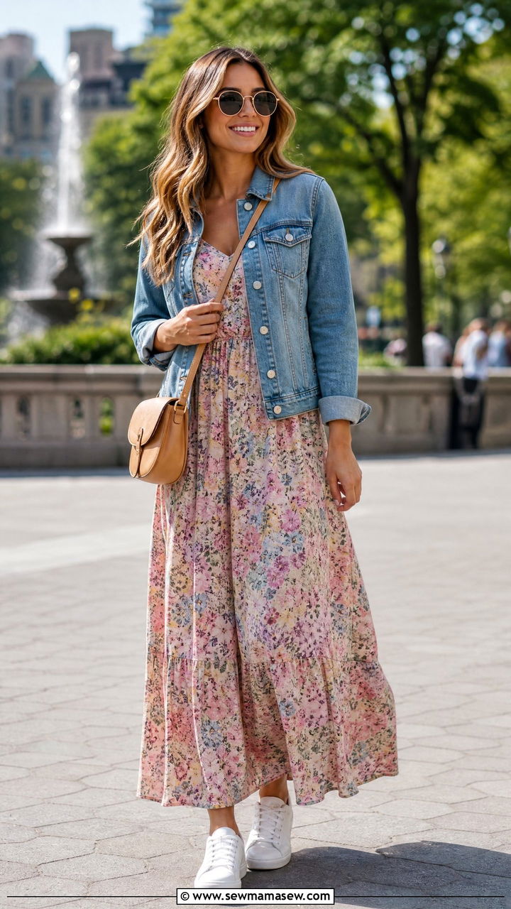 Floral Maxi Dress With Denim Jacket and Sneakers - 25 chic maxi dress outfit ideas