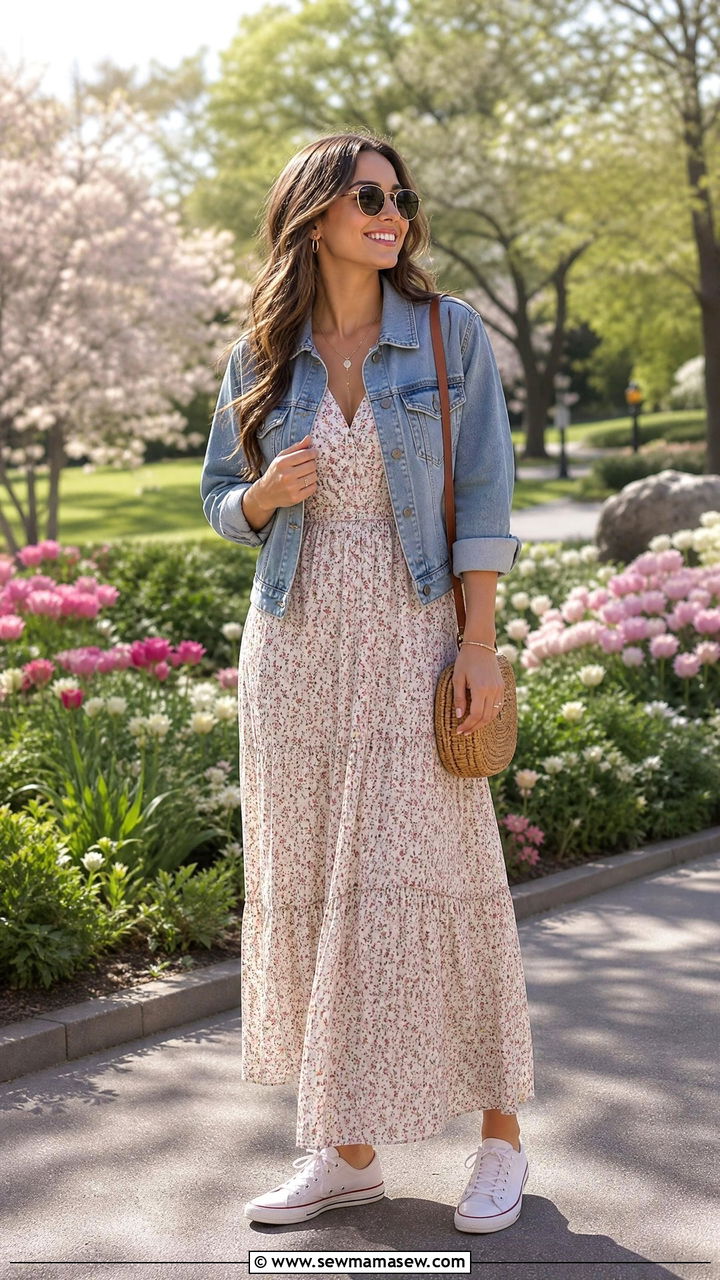 Floral Maxi Dress With Denim Jacket - 35 how to style maxi dress