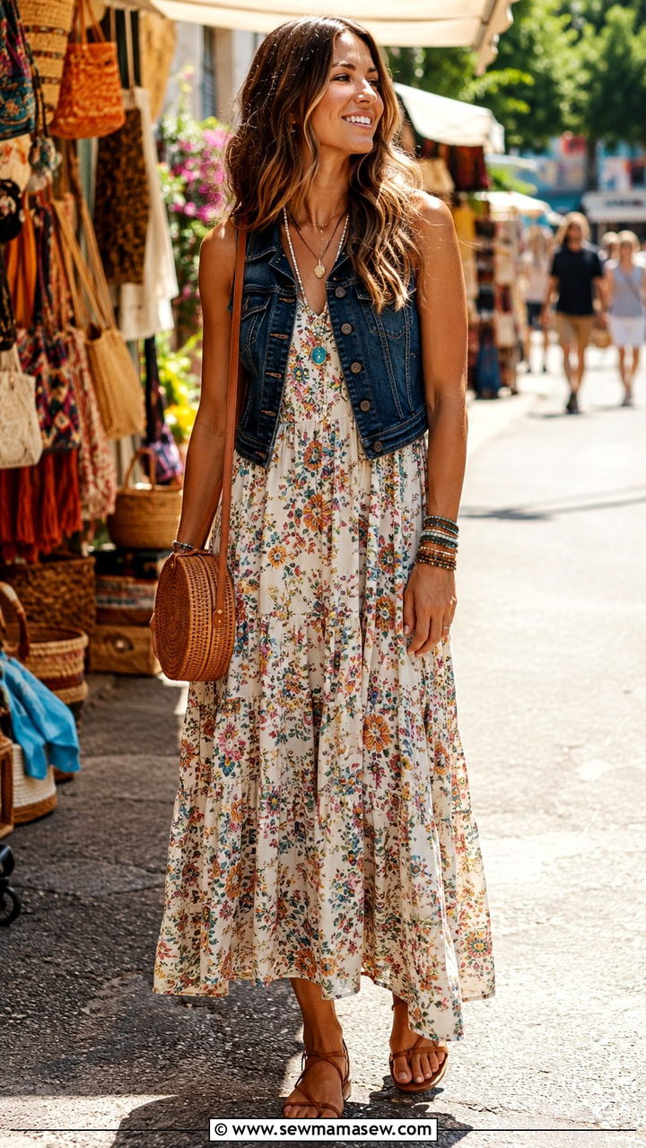Floral Maxi Dress With Denim Vest - 20 Floral dress outfit ideas 2026
