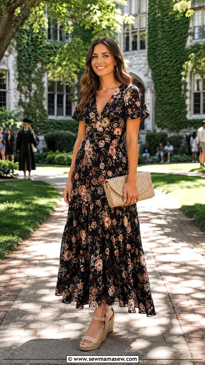 Floral Maxi Dress With Espadrille Wedges Graduation Outfit - 30 chic graduation outfits for women