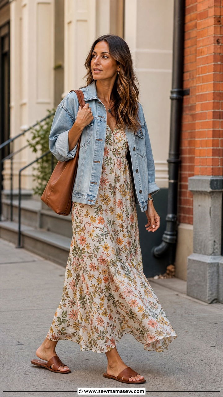 Floral Maxi Dress With Flat Leather Slides And A Denim Jacket - 30 slide sandals outfit ideas