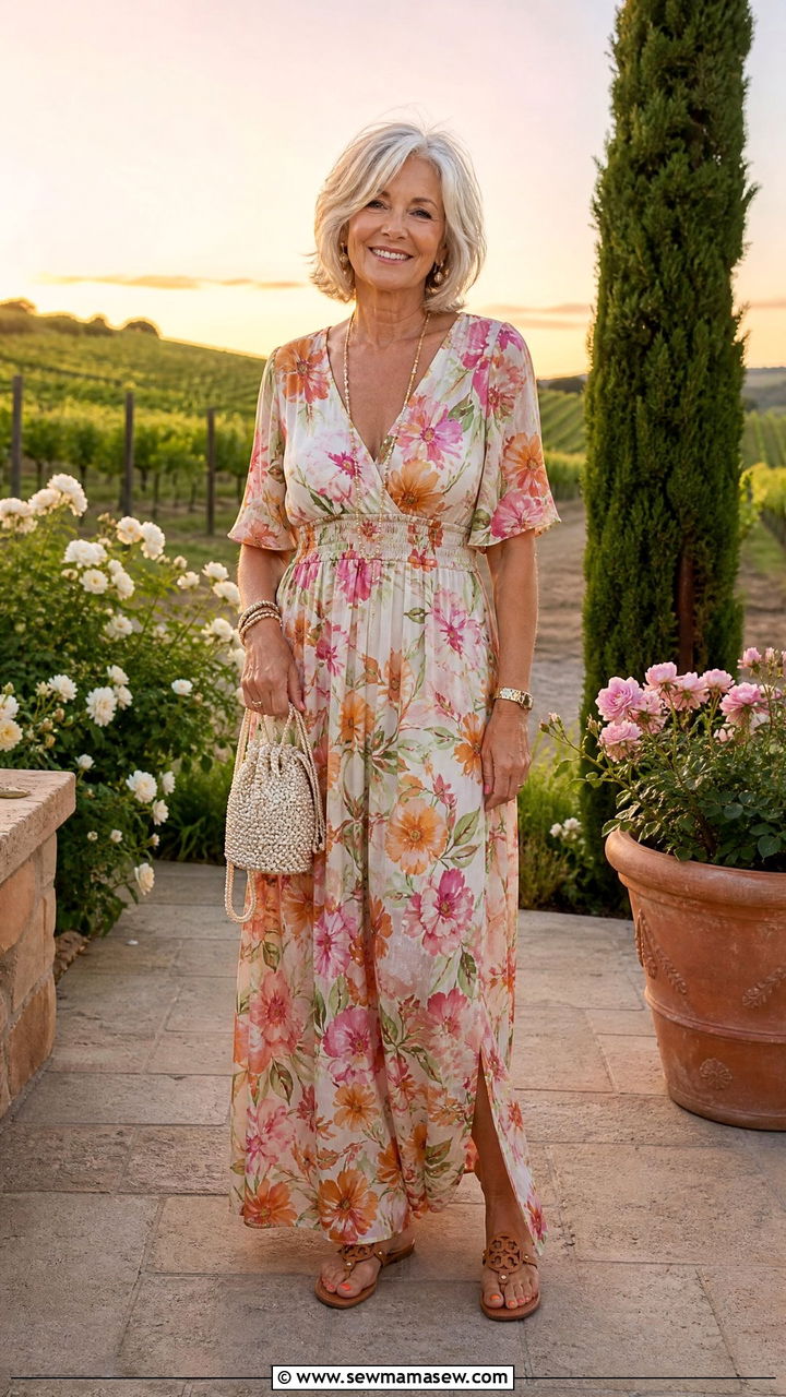 Floral Maxi Dress With Flat Sandals - 25 Birthday outfits for women over 50
